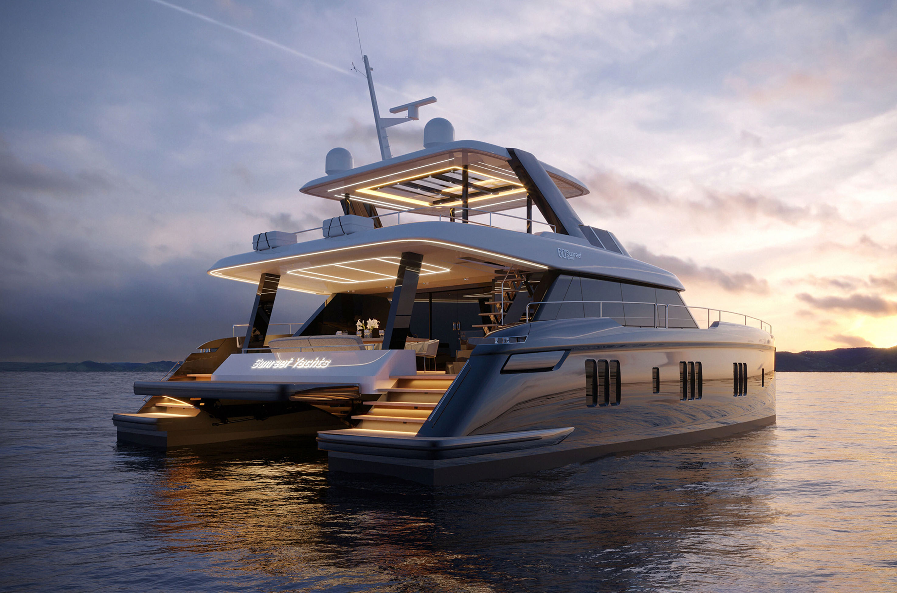 render of the yacht on the water